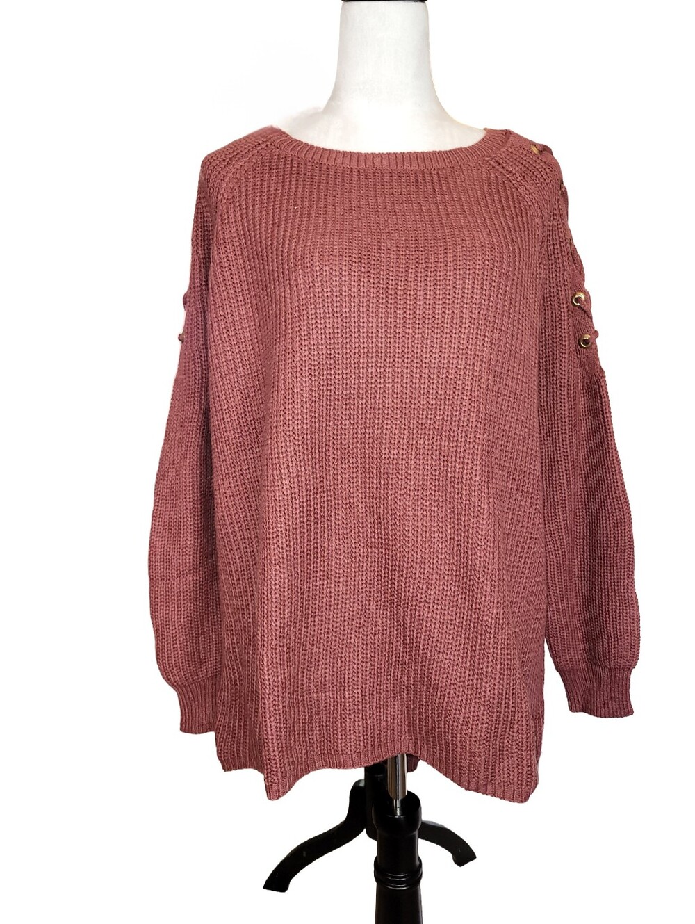 Rust Lace-up Shoulder Crew Neck Loose Weave Knit Sweater Size Large